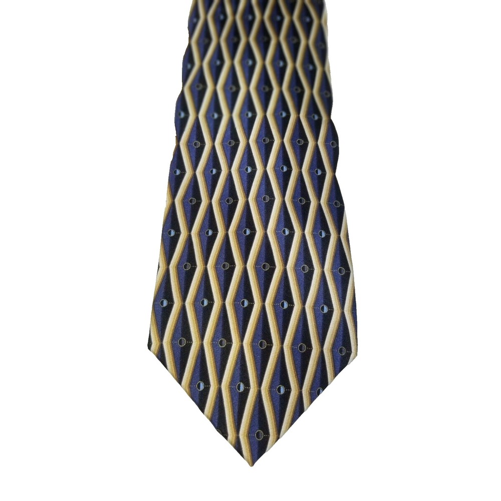 Kilburne & Finch‎ Blue Cream Geometric Shape Handmade Silk Pointed Tie Long